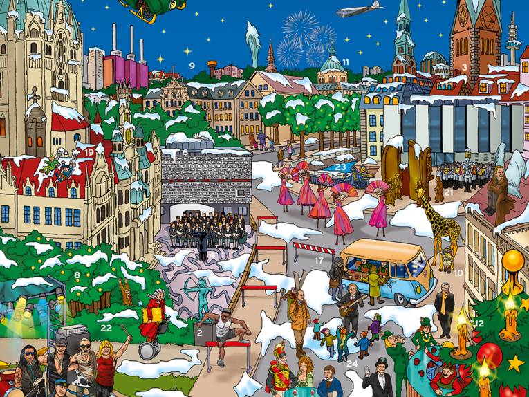 Weihnachtskalender mit gezeichneten Hannover-Motiven und -Prominenten